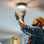 A photograph of a lighting contractor skillfully changing a bulb in a recessed light fixture