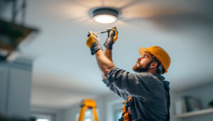 A photograph of a lighting contractor skillfully changing a bulb in a recessed light fixture