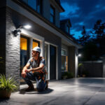 A photograph of a well-lit outdoor space featuring solar exterior lighting with motion sensors activated