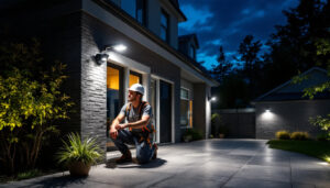 A photograph of a well-lit outdoor space featuring solar exterior lighting with motion sensors activated