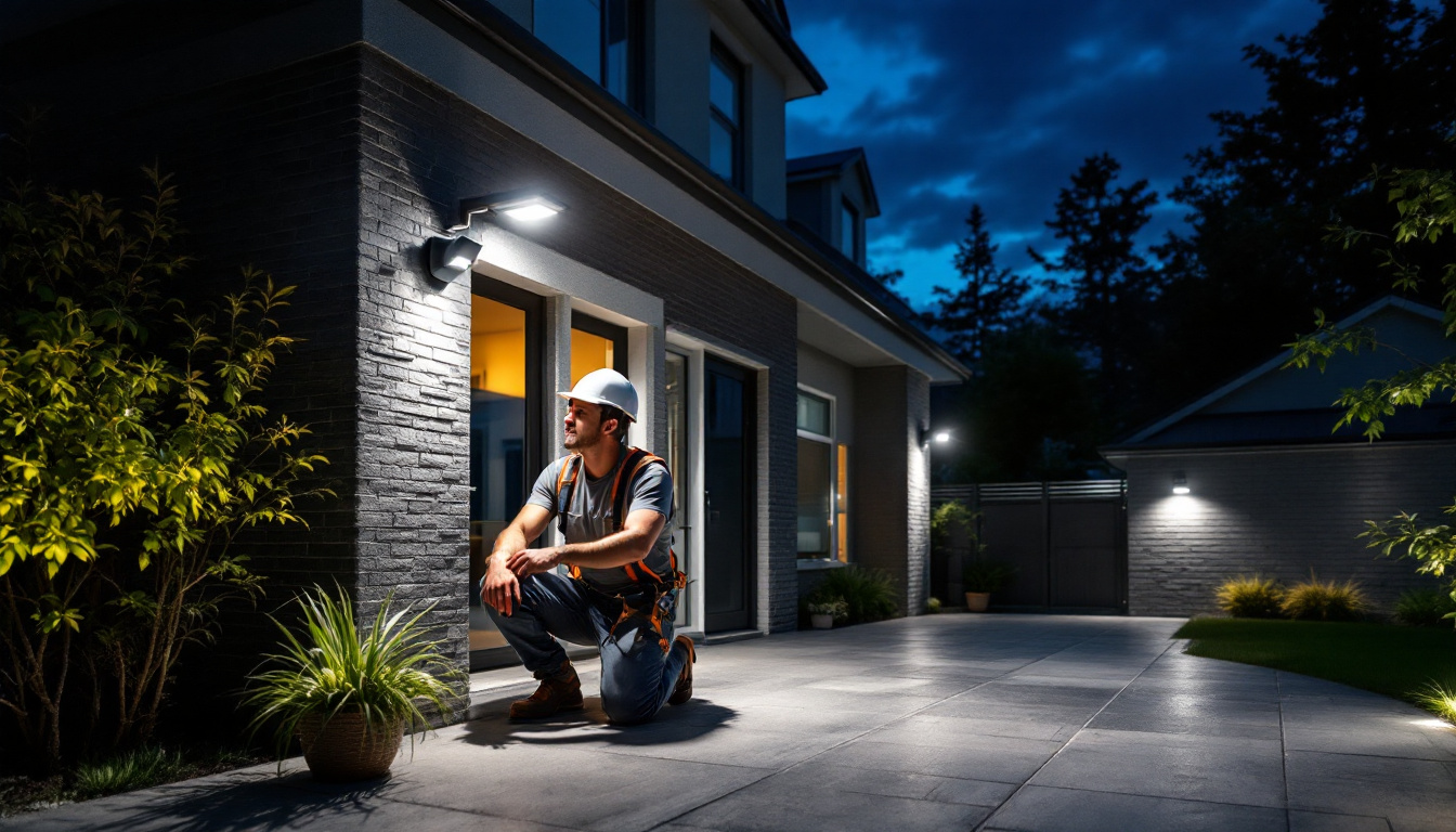 A photograph of a well-lit outdoor space featuring solar exterior lighting with motion sensors activated