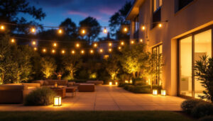 A photograph of a beautifully illuminated outdoor space featuring led flood bulbs