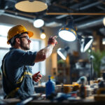A photograph of a skilled lighting contractor at work