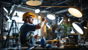 A photograph of a skilled lighting contractor at work