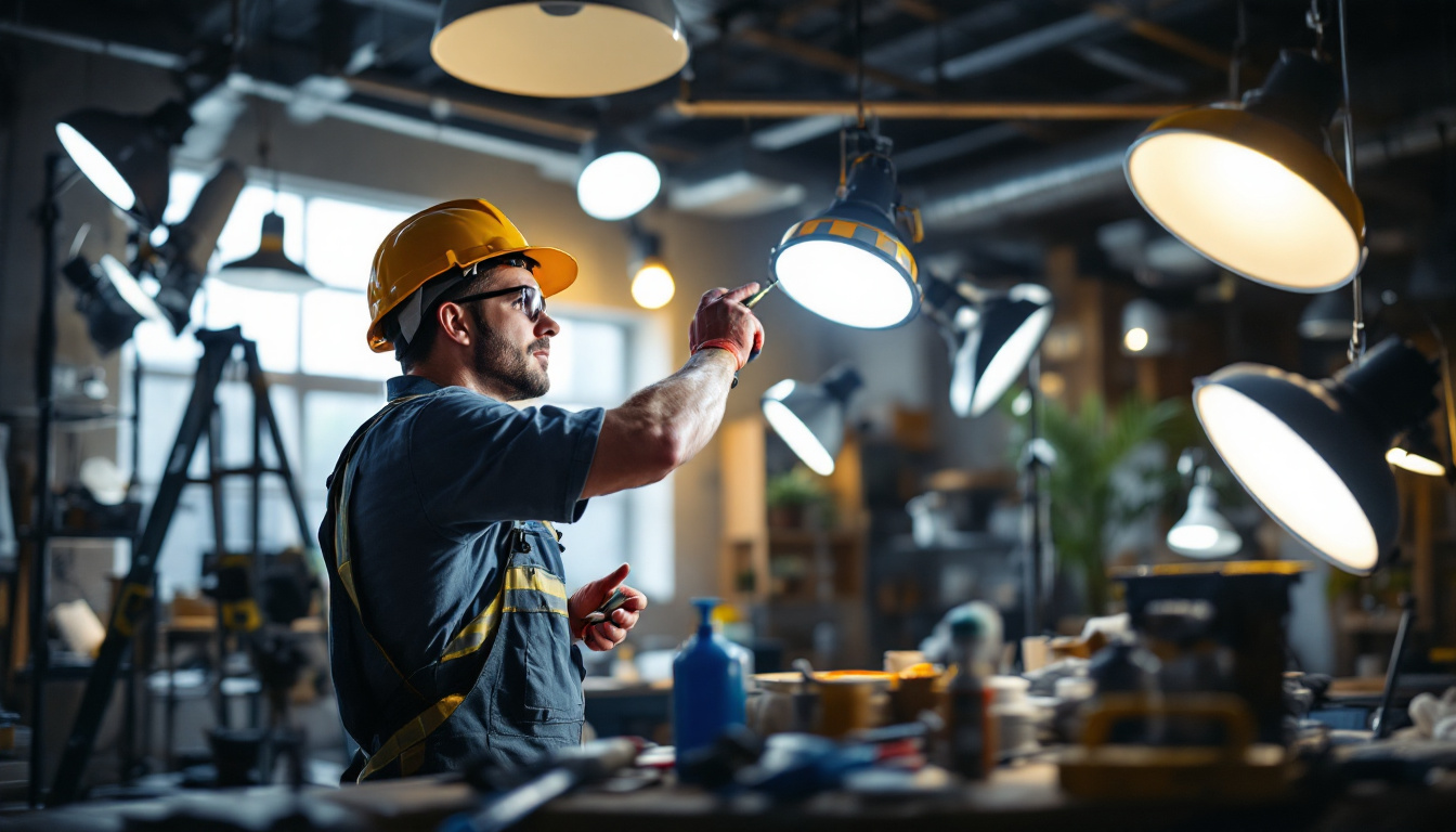 A photograph of a skilled lighting contractor at work