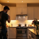 A photograph of a beautifully illuminated kitchen featuring under-cabinet lighting