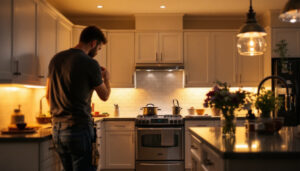 A photograph of a beautifully illuminated kitchen featuring under-cabinet lighting