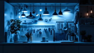 A photograph of a well-lit low voltage cabinet showcasing various lighting fixtures and their installation process