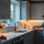 A photograph of a beautifully lit kitchen showcasing stylish undercabinet lighting that highlights the countertops and creates a warm