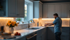 A photograph of a beautifully lit kitchen showcasing stylish undercabinet lighting that highlights the countertops and creates a warm