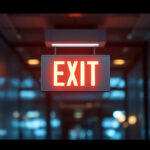 A photograph of a well-lit exit sign in a commercial building