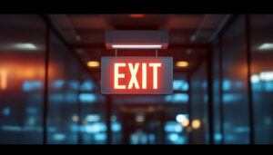 A photograph of a well-lit exit sign in a commercial building