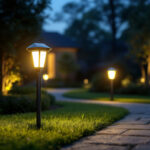A photograph of a well-lit outdoor area featuring solar security lights in action