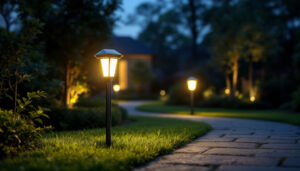 A photograph of a well-lit outdoor area featuring solar security lights in action