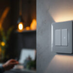 A photograph of a modern smart home light switch installed on a stylish wall