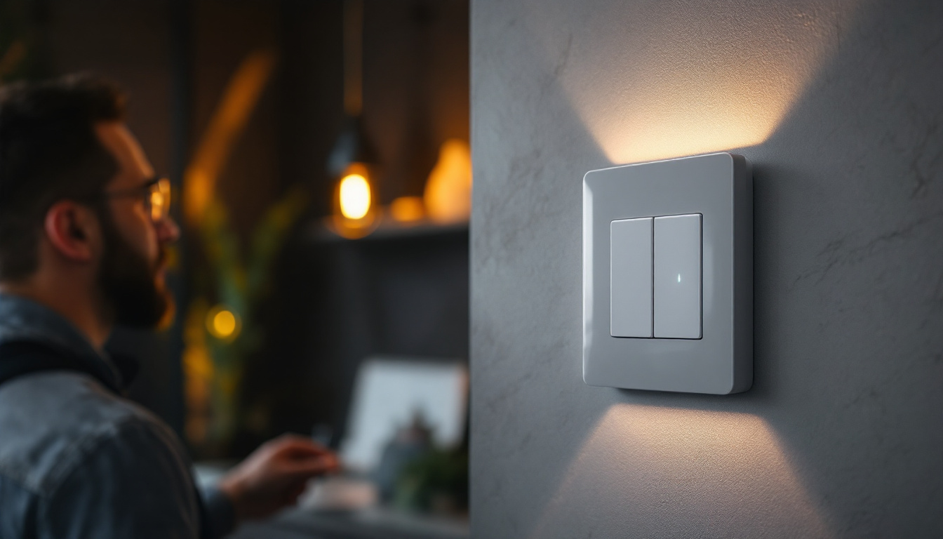 A photograph of a modern smart home light switch installed on a stylish wall