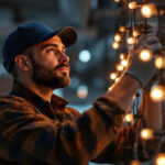 A photograph of a skilled lighting contractor installing or adjusting vibrant amber led lights in a modern setting