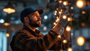 A photograph of a skilled lighting contractor installing or adjusting vibrant amber led lights in a modern setting