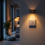 A photograph of a modern lighting installation featuring motion sensor outlets in a stylish residential setting