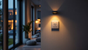A photograph of a modern lighting installation featuring motion sensor outlets in a stylish residential setting