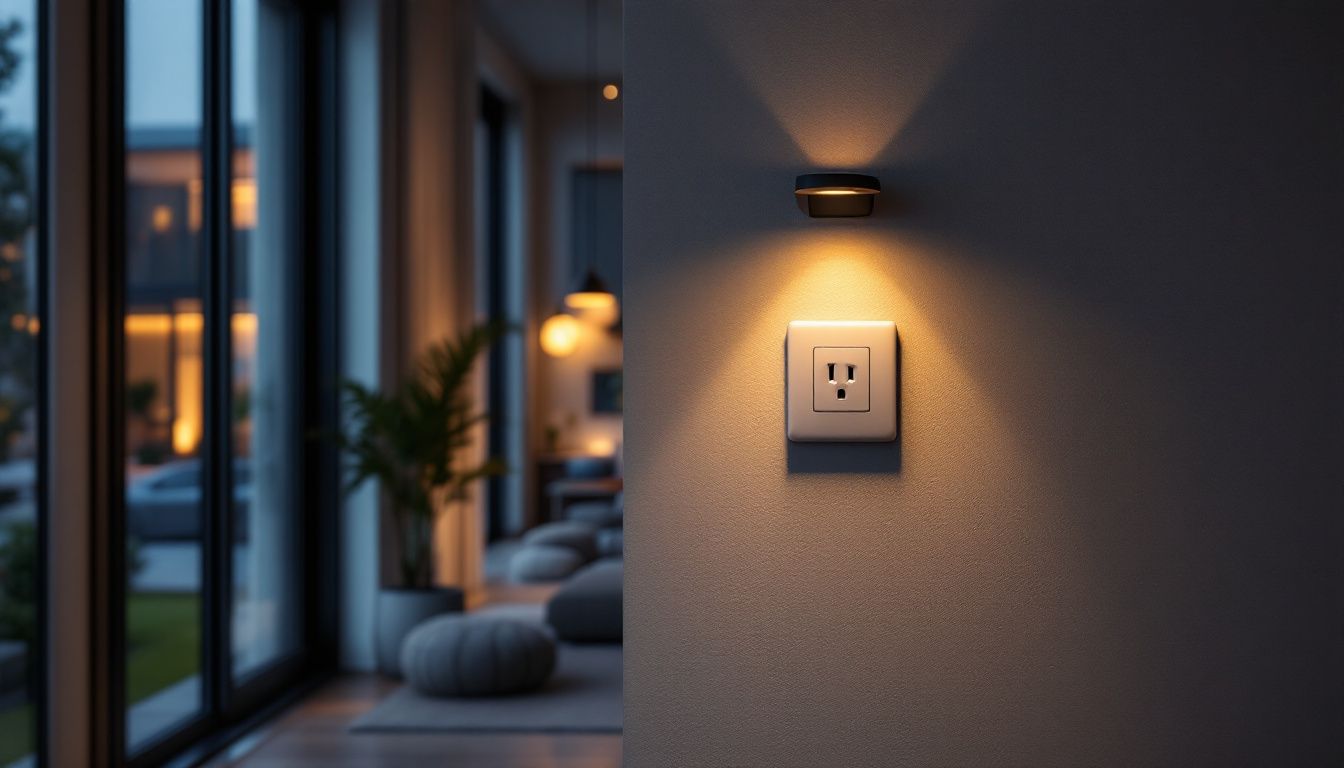 A photograph of a modern lighting installation featuring motion sensor outlets in a stylish residential setting