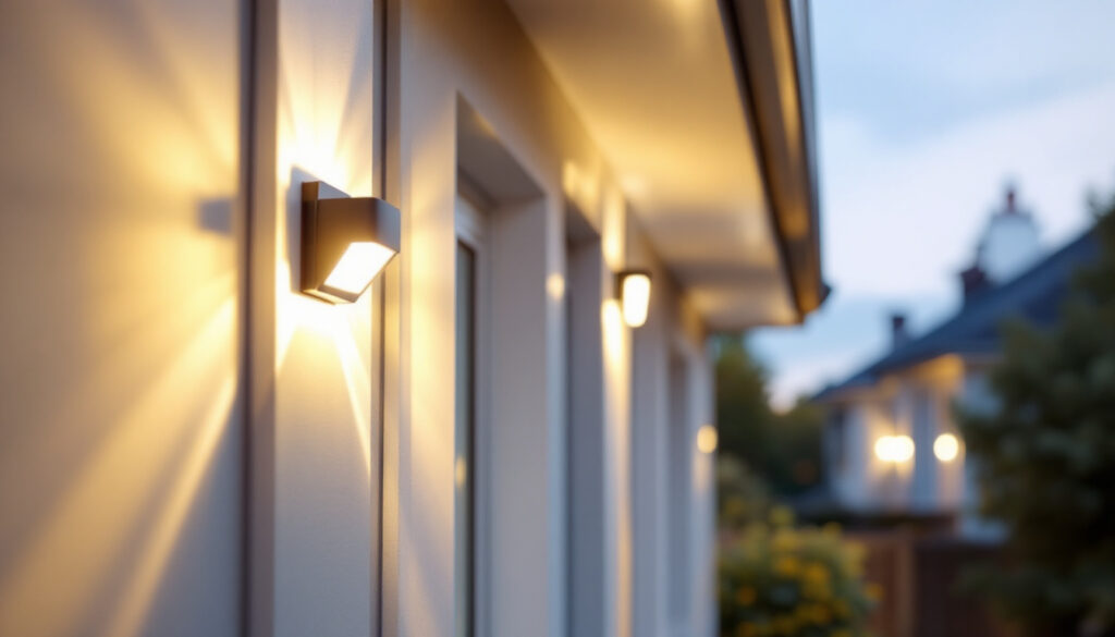 A photograph of a lighting contractor installing a motion sensor outdoor light in a residential setting