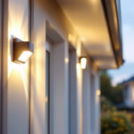 A photograph of a lighting contractor installing a motion sensor outdoor light in a residential setting