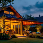 A photograph of a beautifully illuminated outdoor space featuring solar panel lights in action