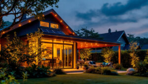 A photograph of a beautifully illuminated outdoor space featuring solar panel lights in action