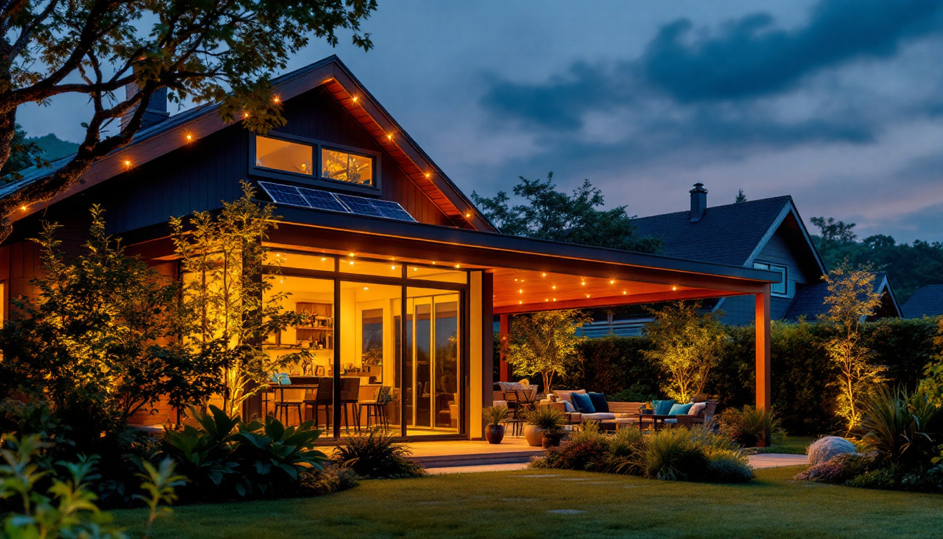 A photograph of a beautifully illuminated outdoor space featuring solar panel lights in action