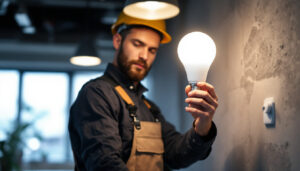 A photograph of a lighting contractor installing or showcasing a t5 led bulb in a modern