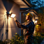 A photograph of a skilled lighting contractor expertly installing flood lights in a residential or commercial outdoor setting
