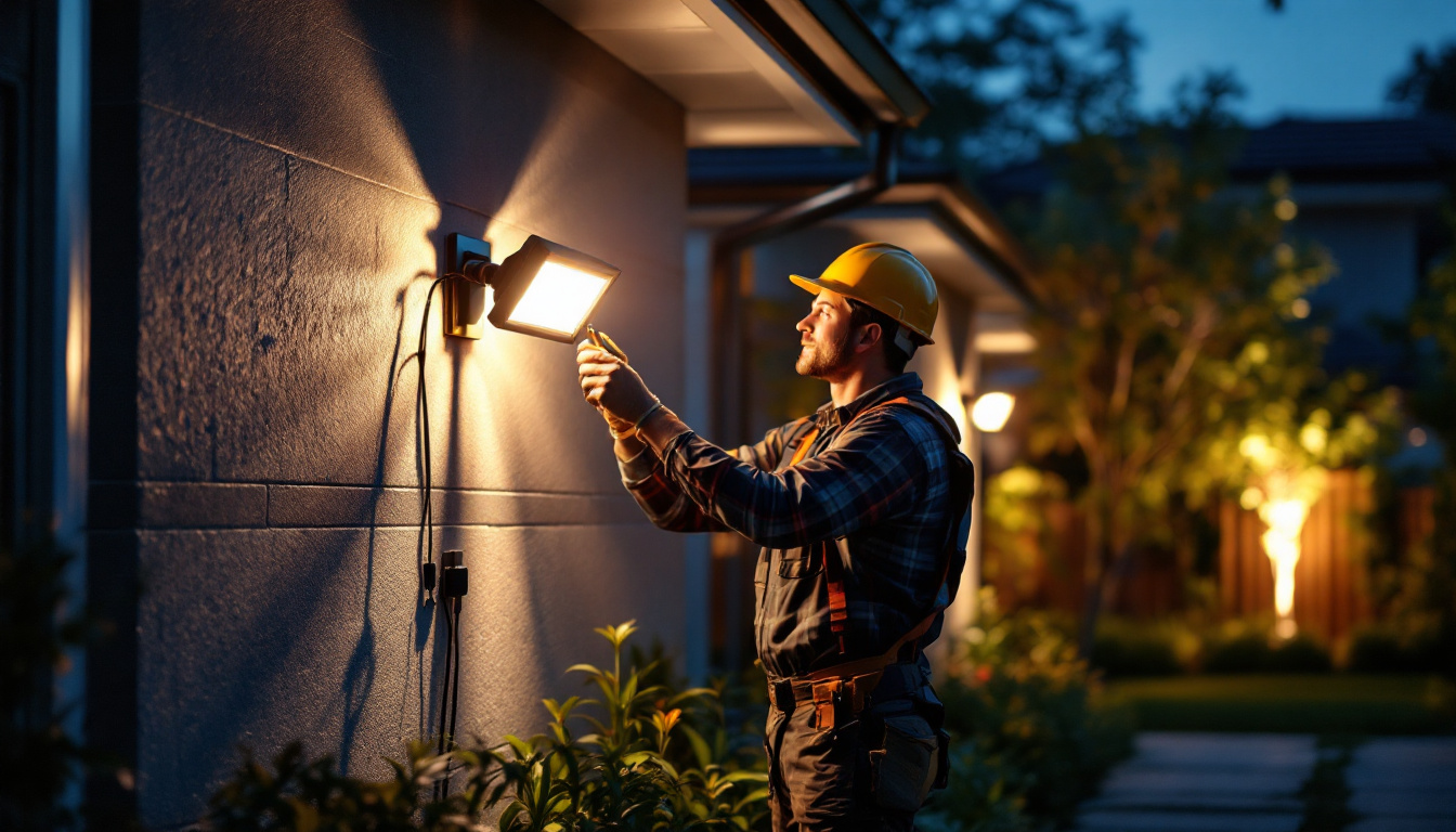 A photograph of a skilled lighting contractor expertly installing flood lights in a residential or commercial outdoor setting
