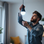 A photograph of capture a photograph of a lighting contractor installing a br40 bulb in a modern residential setting