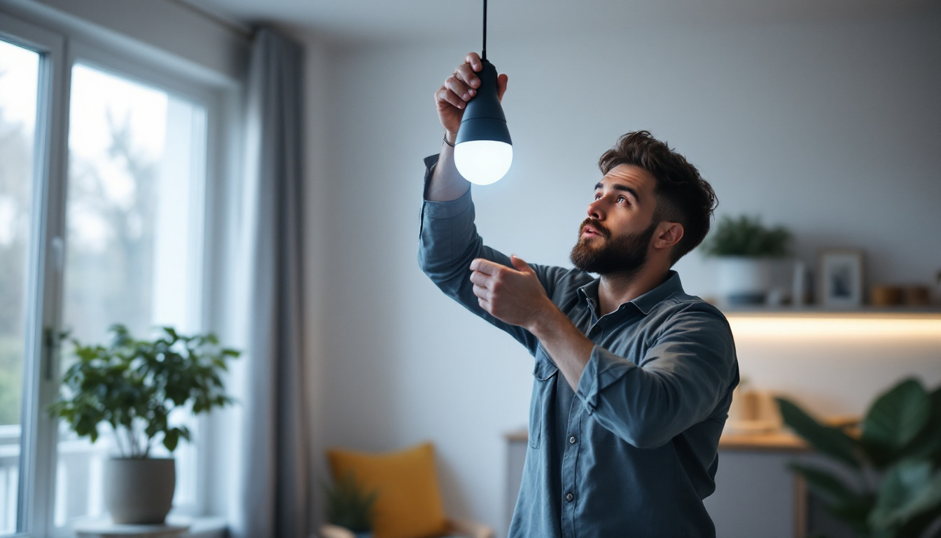 A photograph of capture a photograph of a lighting contractor installing a br40 bulb in a modern residential setting