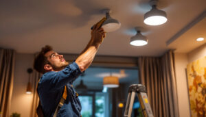 A photograph of a skilled lighting contractor expertly replacing recessed lighting fixtures with modern led options