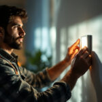 A photograph of a skilled lighting contractor expertly installing or adjusting a modern light switch in a beautifully lit room