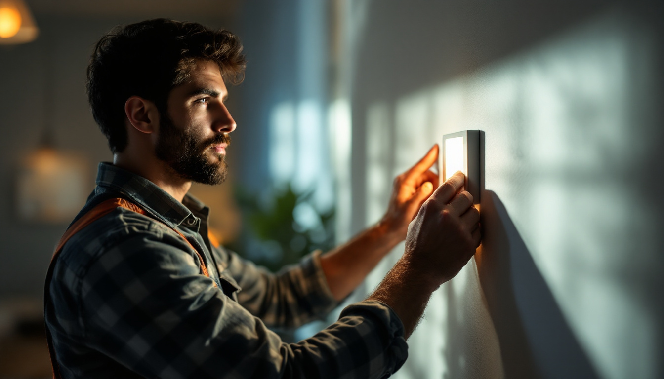 A photograph of a skilled lighting contractor expertly installing or adjusting a modern light switch in a beautifully lit room