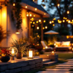 A photograph of a well-lit outdoor display showcasing various lighting fixtures and designs