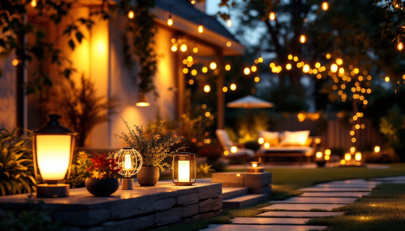 A photograph of a well-lit outdoor display showcasing various lighting fixtures and designs