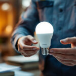 A photograph of a lighting contractor inspecting or installing osram sylvania led light bulbs in a professional setting