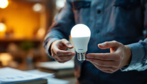 A photograph of a lighting contractor inspecting or installing osram sylvania led light bulbs in a professional setting
