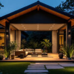 A photograph of a beautifully designed exterior porch featuring stylish ceiling lights that illuminate the space