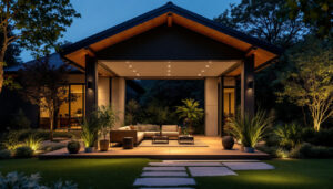 A photograph of a beautifully designed exterior porch featuring stylish ceiling lights that illuminate the space