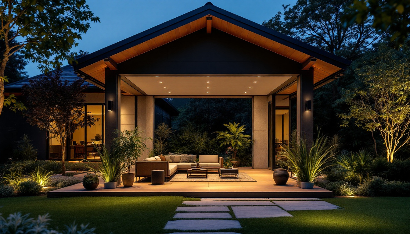 A photograph of a beautifully designed exterior porch featuring stylish ceiling lights that illuminate the space