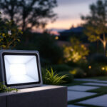 A photograph of a modern low voltage flood light illuminating a beautifully landscaped outdoor space at dusk