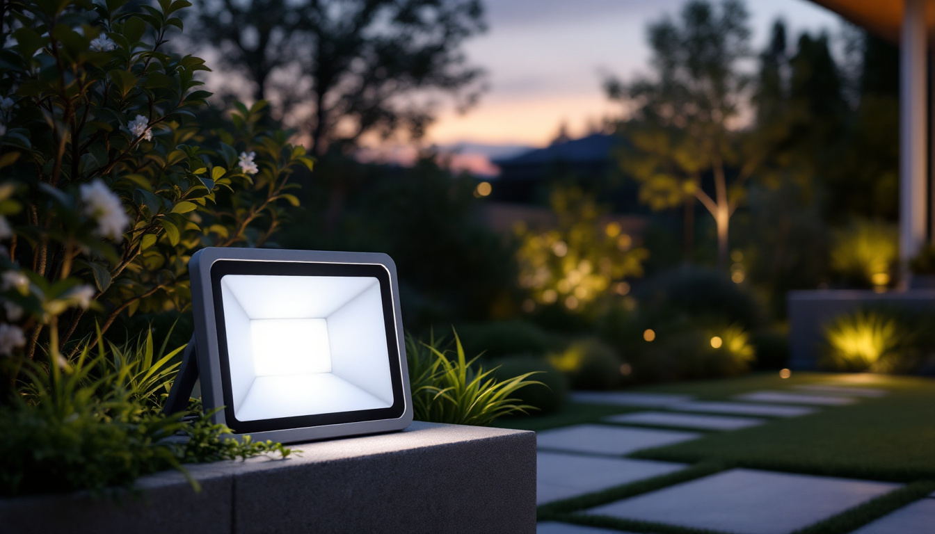 A photograph of a modern low voltage flood light illuminating a beautifully landscaped outdoor space at dusk