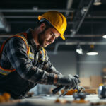 A photograph of a lighting contractor working with both hid and led lights in a well-lit environment