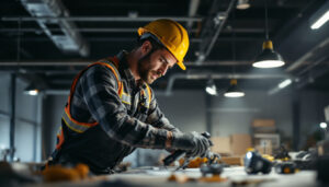 A photograph of a lighting contractor working with both hid and led lights in a well-lit environment