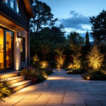 A photograph of a beautifully illuminated outdoor space featuring various volt lighting fixtures in a residential setting